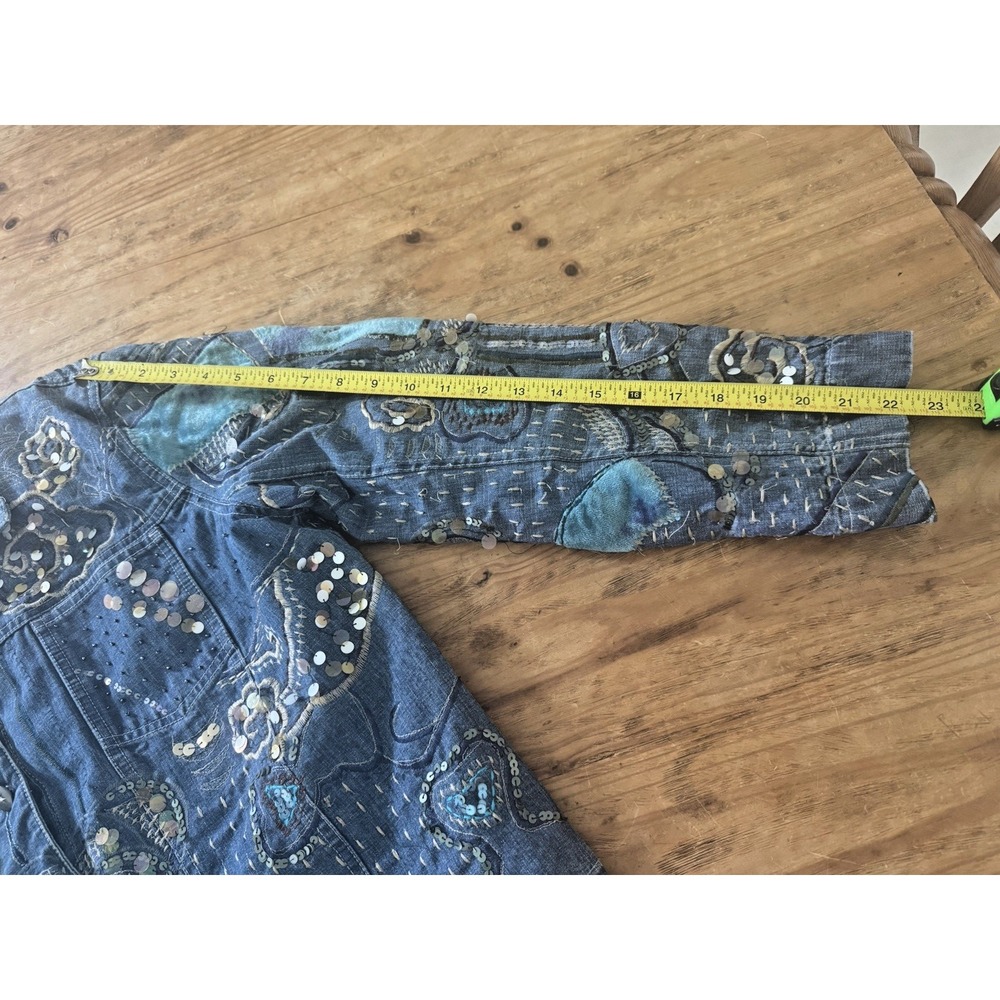 Chico's 3 Denim Jacket Cotton Blue Patchwork Embroidery Sequin Work Stunning - Picture 7 of 8